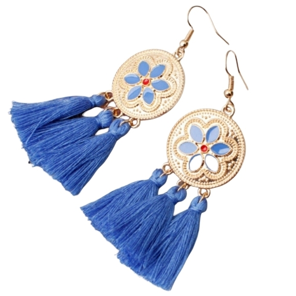 Bohemian Tassel Earrings Blue and‎ Gold - Picture 1 of 1